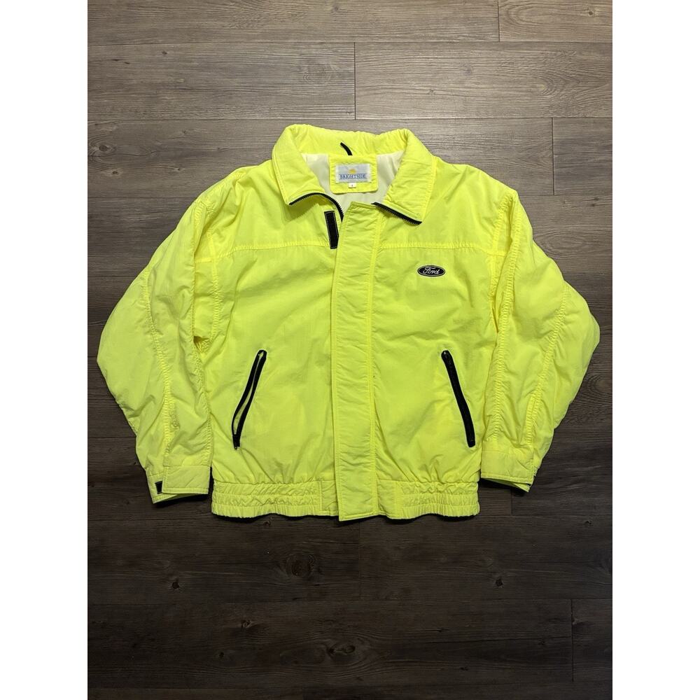 Vintage 90s Ford Motors Neon Mens L Auto Car Logo Puffer Jacket Windbreaker Y2K